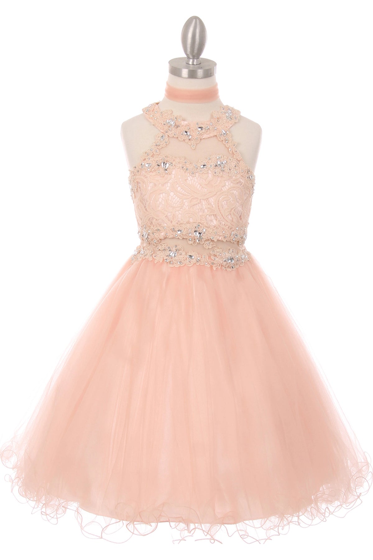 A Blush kids dress with beaded halter neckline.