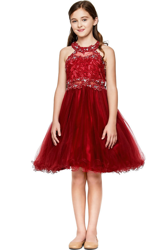 A Burgundy kids dress with halter lace bodice and full tulle skirt.