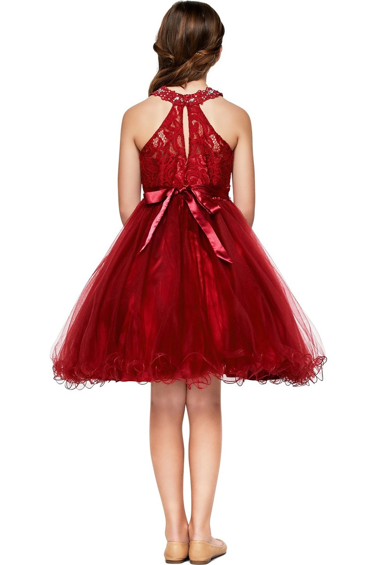 Featuring keyhole back and satin bow, this is a Burgundy kids dress.