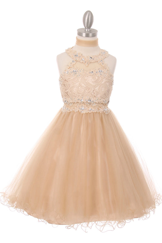 A Champagne kids dress with lace halter bodice above a tulle skirt.
