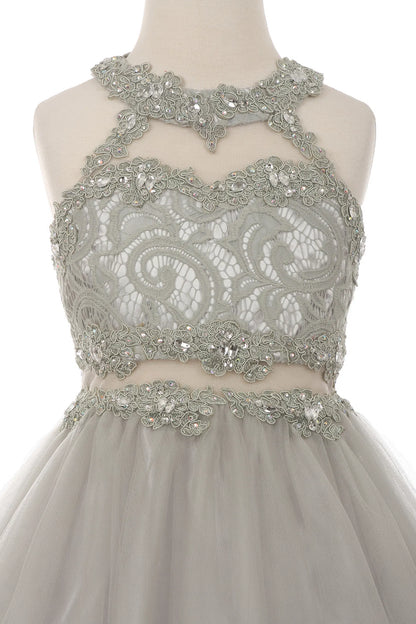 A Silver kids dress with beaded halter neckline and scalloped lace.