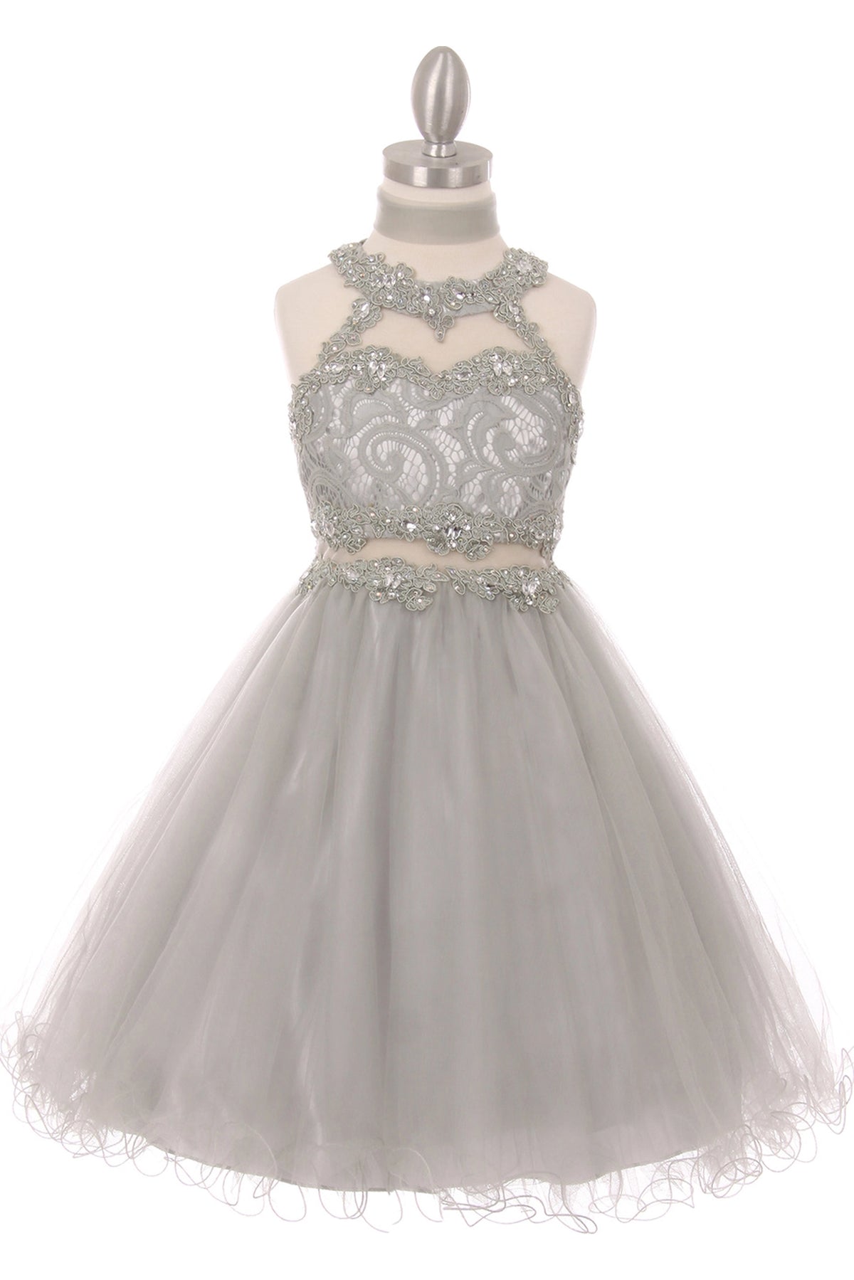 Visible lace bodice and layered tulle skirt distinguish this Silver kids dress.