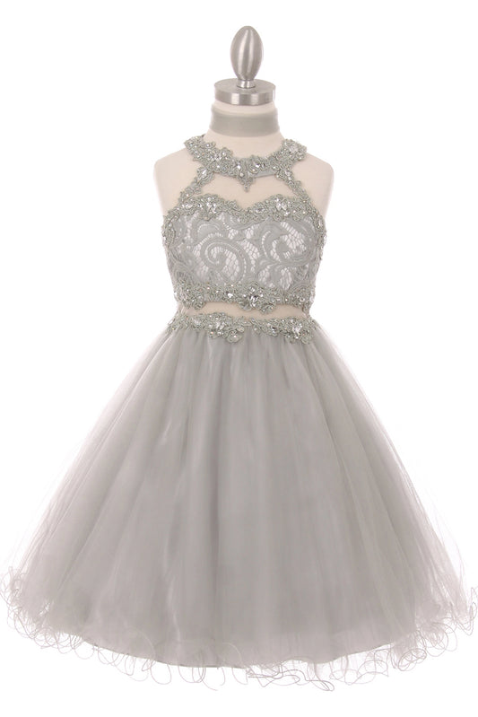 Visible lace bodice and layered tulle skirt distinguish this Silver kids dress.