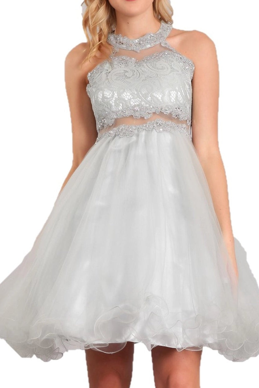 Design details on the Silver kids dress include beaded halter neckline with short tulle skirt.