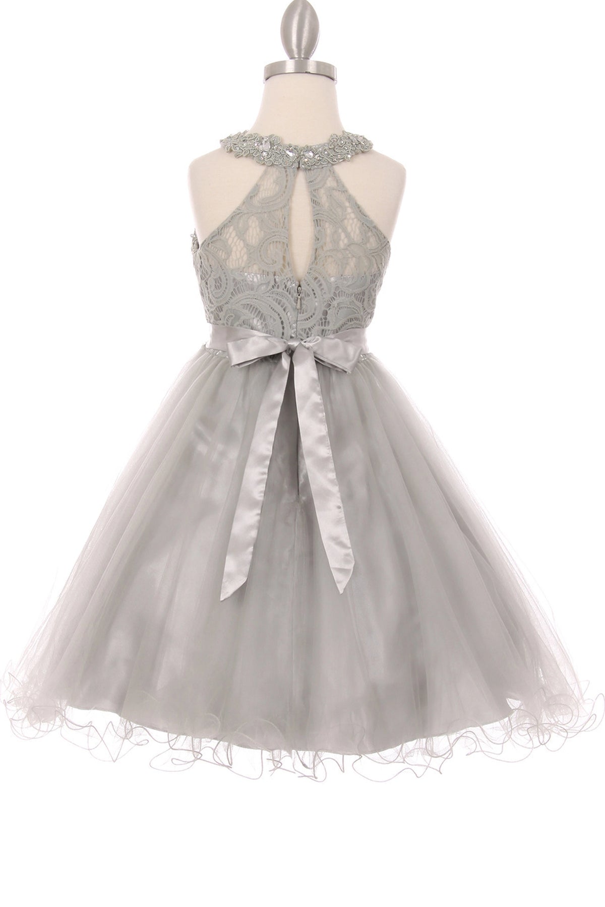 Featuring satin bow beneath the keyhole back, this is a Silver kids dress.