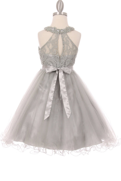Featuring satin bow beneath the keyhole back, this is a Silver kids dress.