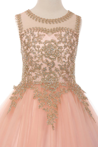 Showcasing gold coil lace and sparkling bodice stones on the Blush mini quince dress.