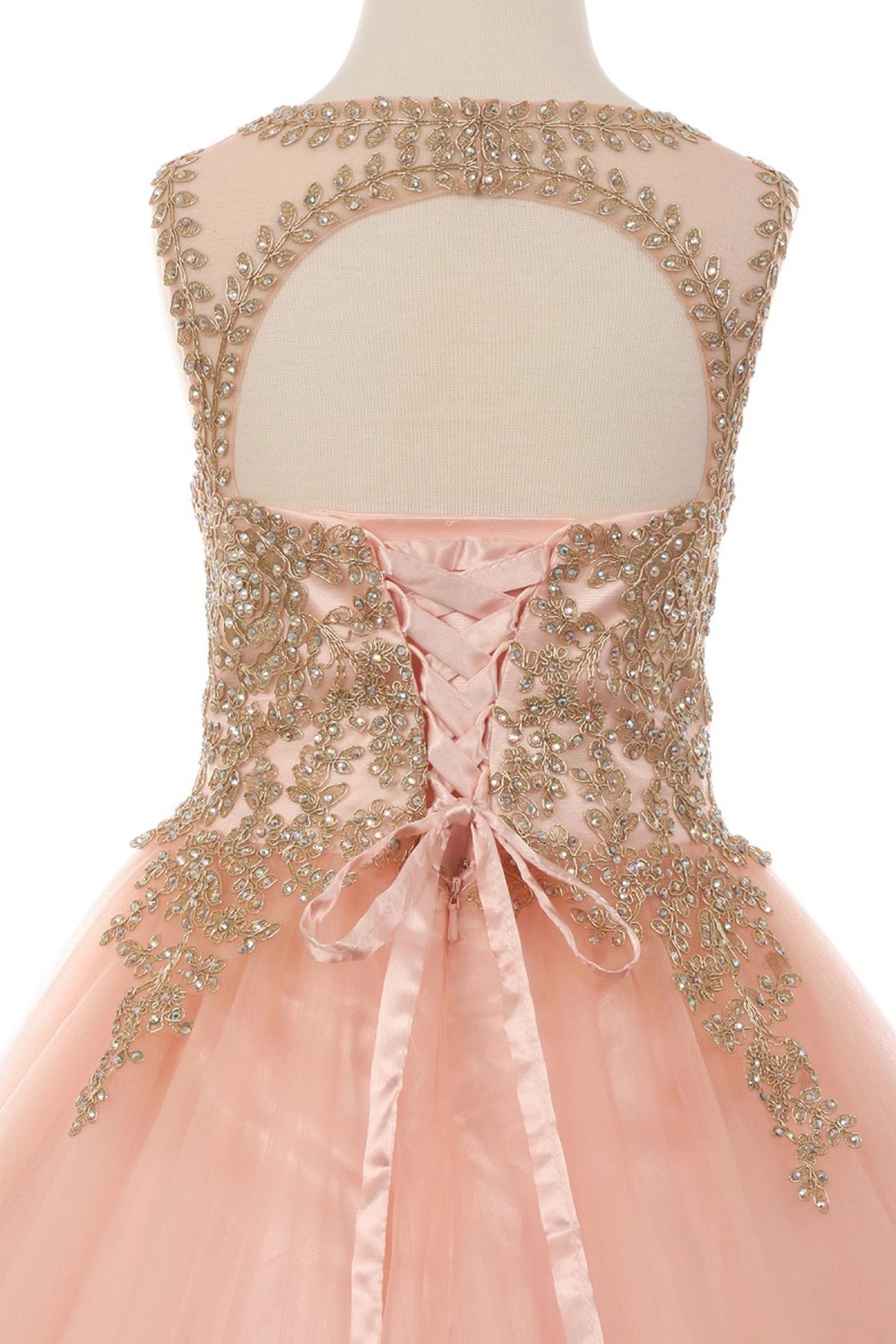 Featured on this Blush mini quince dress: an embellished keyhole back and satin lacing.