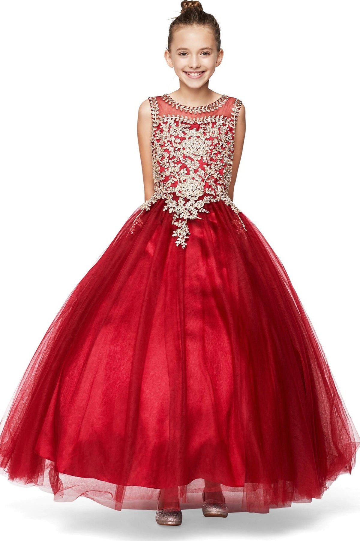 Burgundy mini quince dress with gold floral lace above a full tulle skirt.