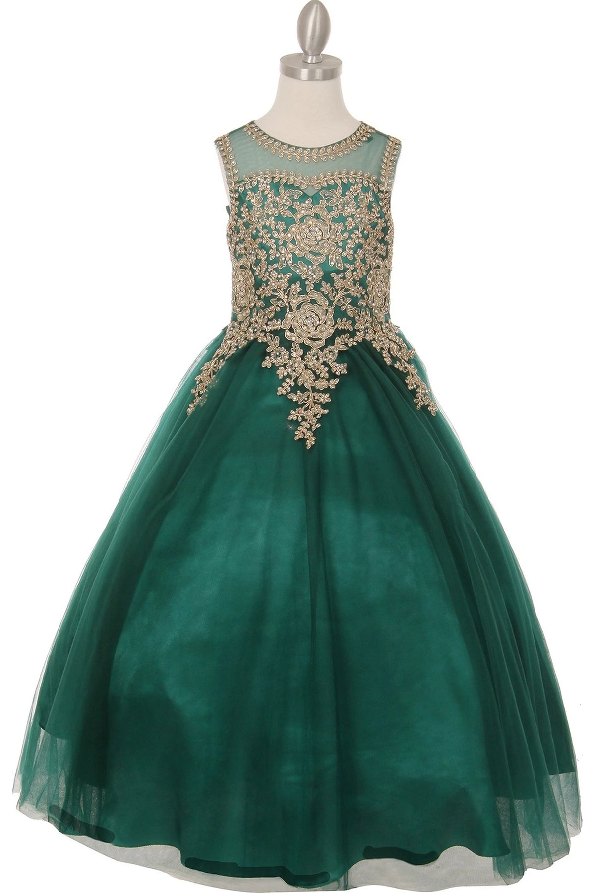 Hunter Green mini quince dress with gold floral bodice appliques and a full skirt.
