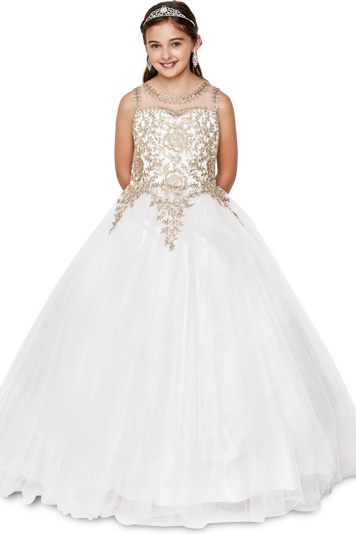 Off-White mini quince dress with gold floral bodice lace and a full tulle skirt.