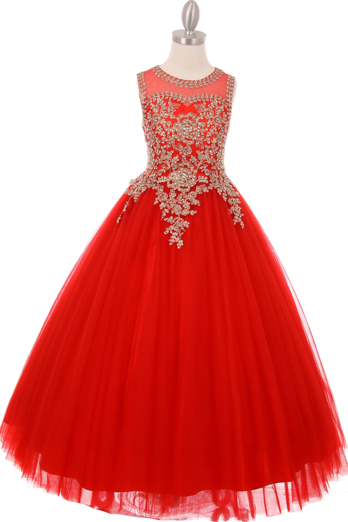 Red mini quince dress with gold floral appliques and a layered tulle skirt.