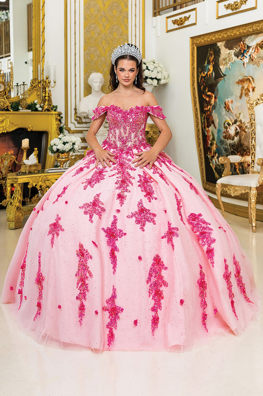 Quinceañera | Hot Pink Ball Gown with Corset Bodice, Off-Shoulder Design, and Glitter Tulle Skirt | Eleuteria dress