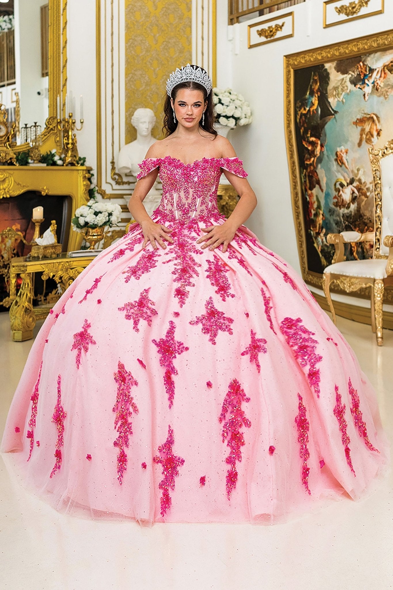 Quinceañera | Hot Pink Ball Gown with Corset Bodice, Off-Shoulder Design, and Glitter Tulle Skirt | Eleuteria dress