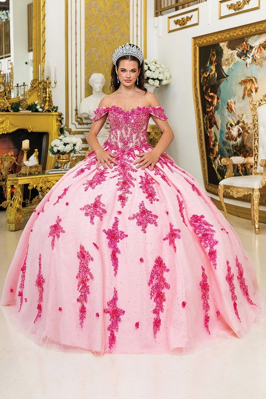 Quinceañera | Hot Pink Ball Gown with Corset Bodice, Off-Shoulder Design, and Glitter Tulle Skirt | Eleuteria dress
