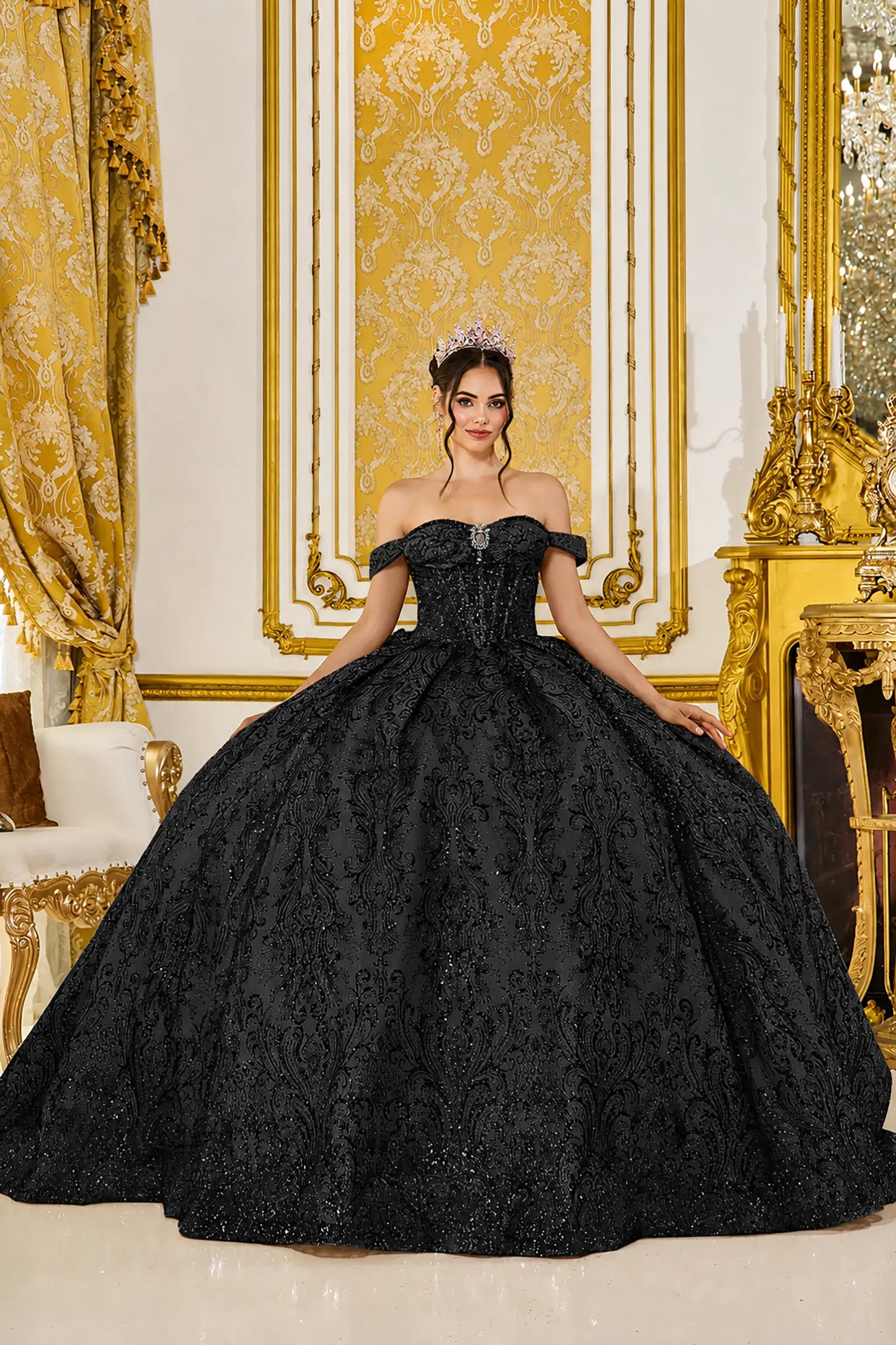 Black quinceanera ball gown front view featuring off the shoulder sweetheart corset bodice, sheer boning detail, textured glitter fabric, and full voluminous skirt