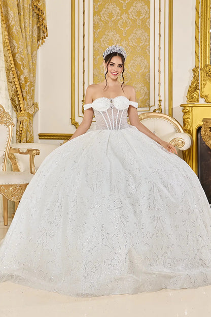 Off white quinceanera ball gown front view featuring off the shoulder sweetheart corset bodice, sheer boning detail, textured glitter fabric, and full voluminous skirt