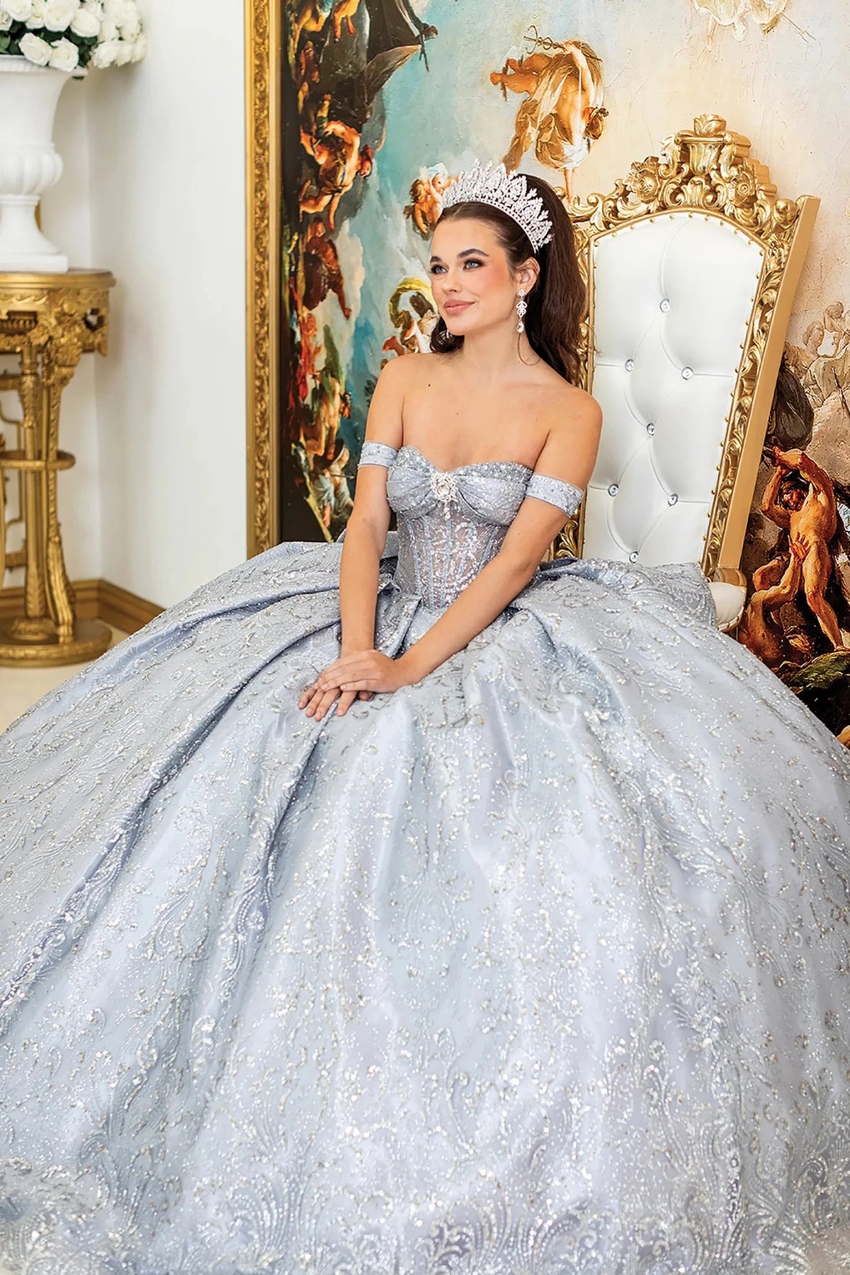 silver quinceañera ball gown with silver embroidery 