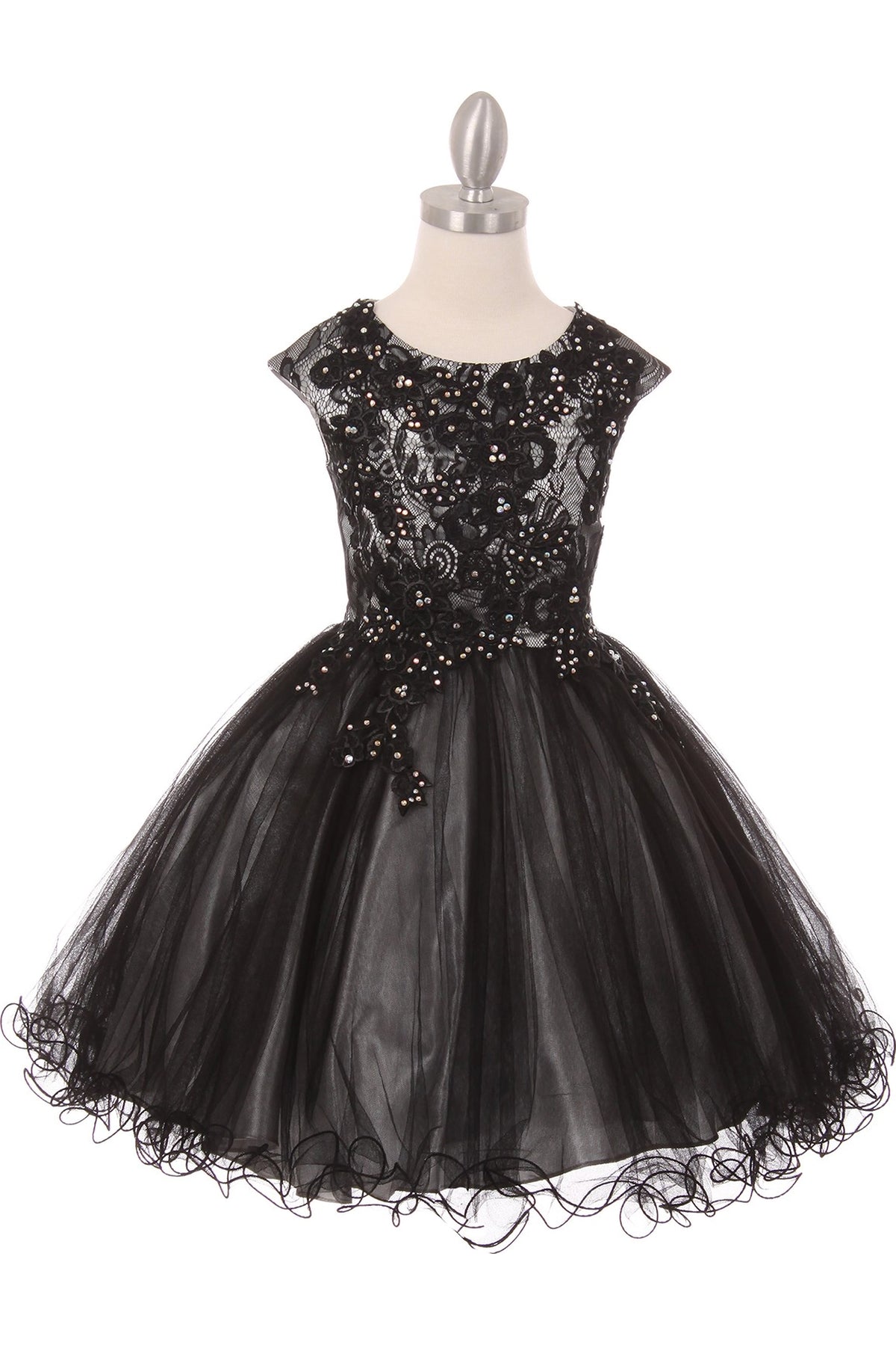 Showcasing with sheer floral lace across the bodice, this Black/Silver kids party dress displays elegant detail.