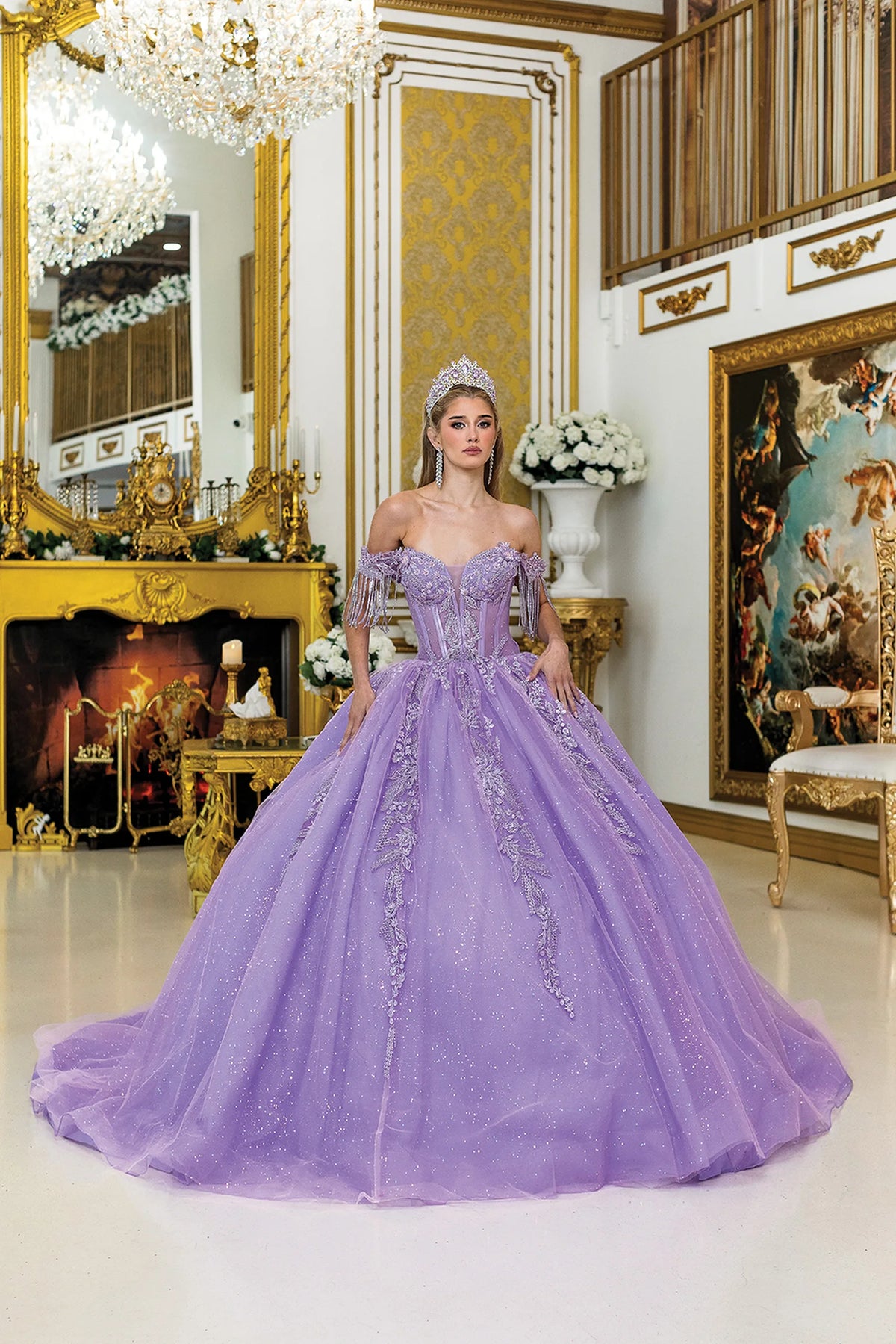 Front view of a Lilac quinceañera gown with off-the-shoulder neckline, detachable sleeves, embroidered bodice, and full tulle skirt