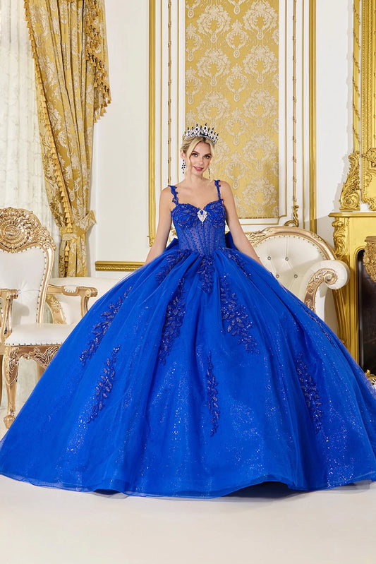 Showing floral embroidery on its sheer corset bodice, this Royal Blue quinceañera ball gown is shown in full view.
