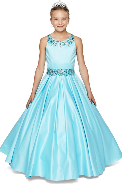 Aqua mini quince dress with a beaded scoop neckline and pleated satin skirt.
