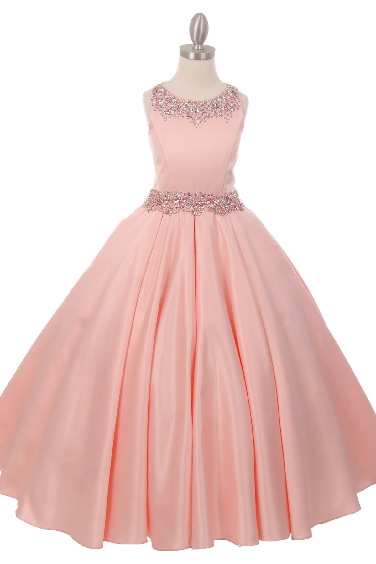 Details of this Blush mini quince dress include sparkling waist trim and a full satin skirt.