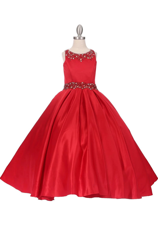 Red mini quince dress with a beaded neckline and full pleated skirt.