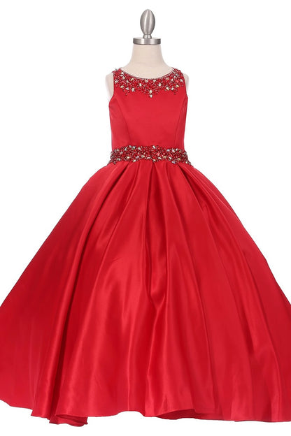 Details of this Red mini quince dress include a jeweled waistband and satin skirt.
