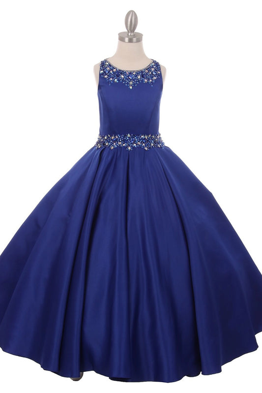 Royal Blue mini quince dress with a jeweled neckline and pleated satin skirt.