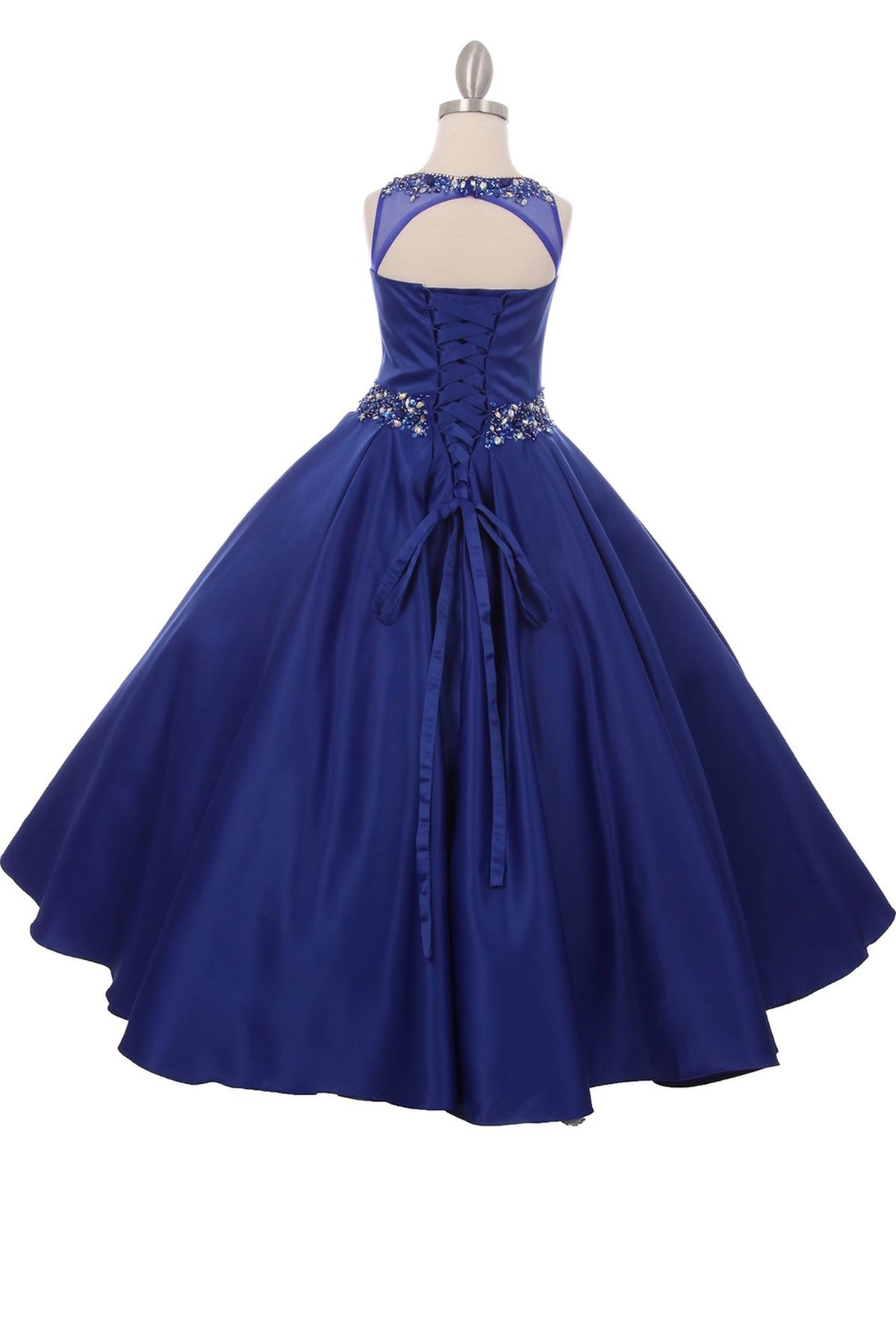 Details of this Royal Blue mini quince dress include a keyhole upper back and satin lacing.