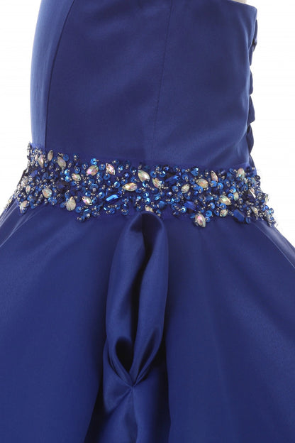 Featured on this Royal Blue mini quince dress: a jeweled waistband and satin skirt folds.