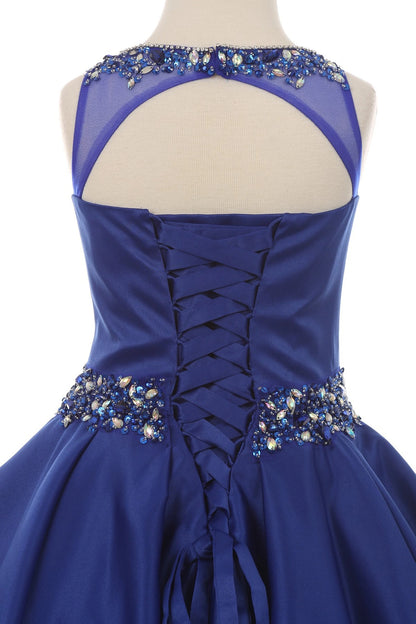 Visible details on the Royal Blue mini quince dress include a keyhole back and beaded lace-up waist.