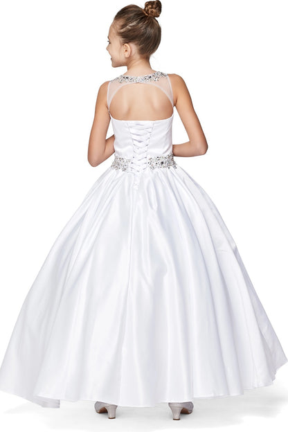 Details of this White mini quince dress include a lace-up back and full satin skirt.