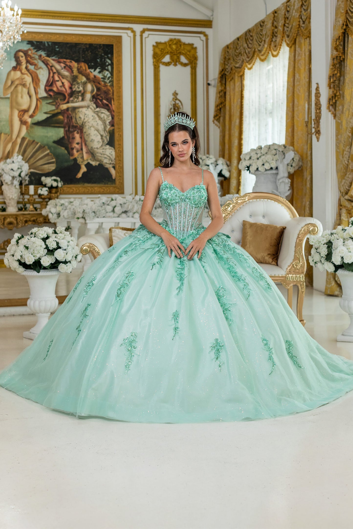 Quinceañera | Mint Ball Gown with Beaded Corset Bodice and Floral Embroidered Tulle Skirt | Ernestina dress 
