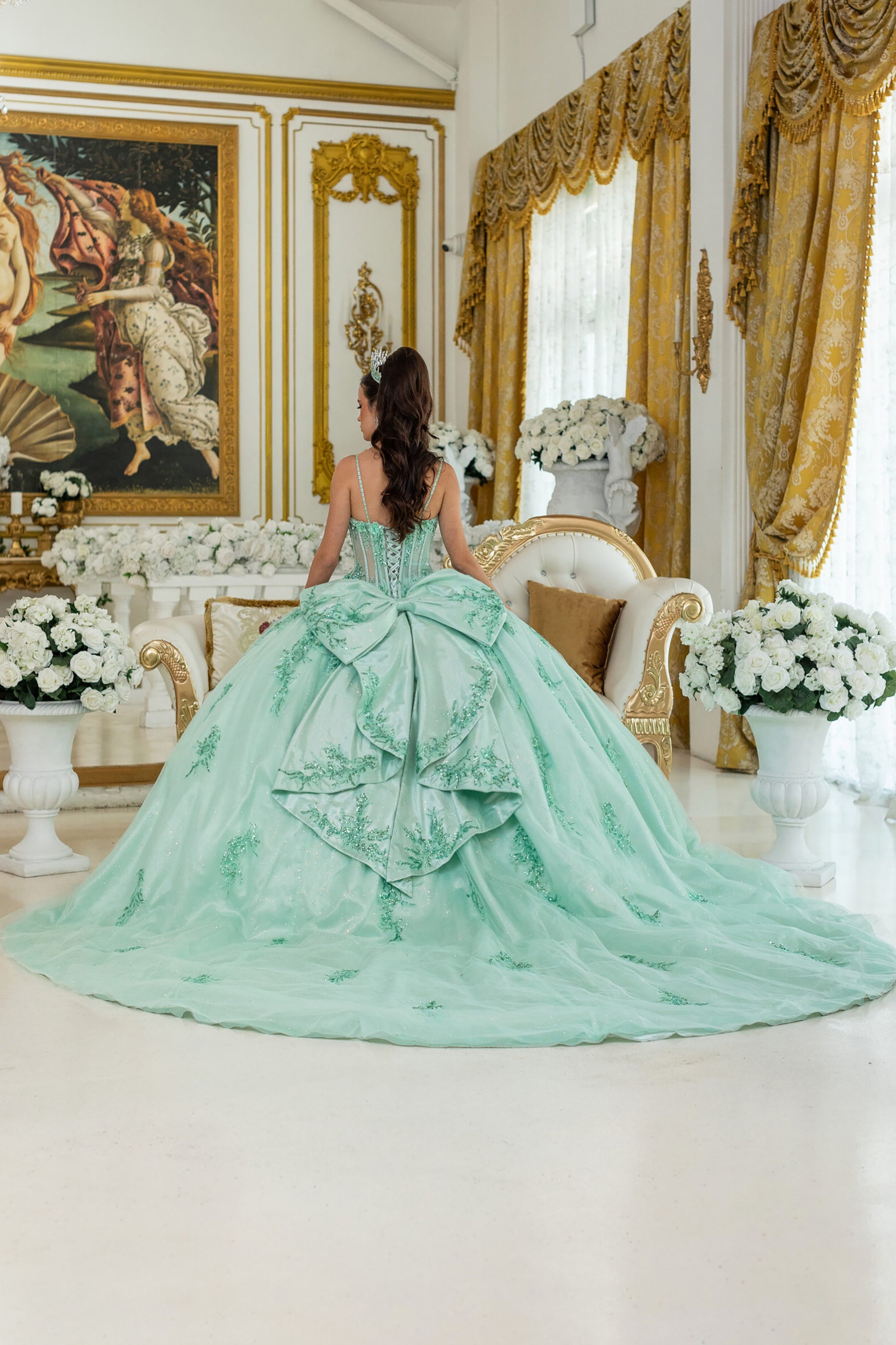 Quinceañera | Mint Ball Gown with Beaded Corset Bodice and Floral Embroidered Tulle Skirt | Ernestina dress back view