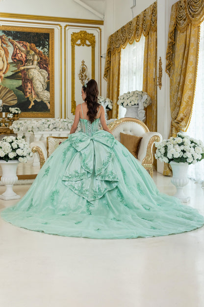 Quinceañera | Mint Ball Gown with Beaded Corset Bodice and Floral Embroidered Tulle Skirt | Ernestina dress back view
