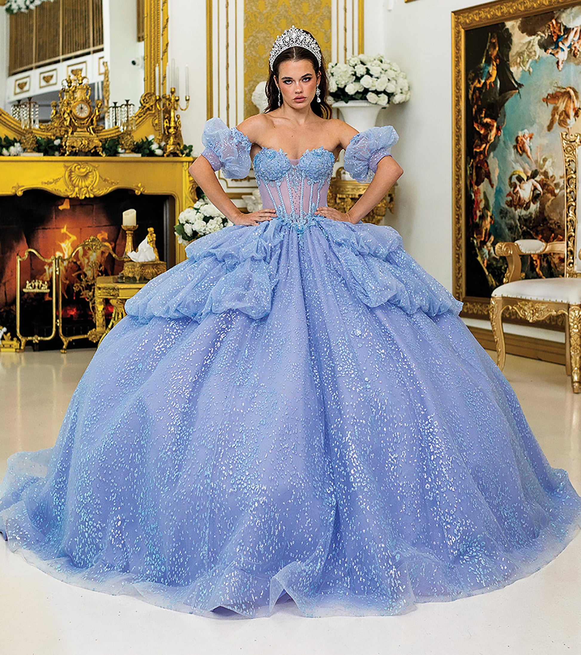 Quinceañera | Blue Lilac Off-Shoulder Ball Gown with Puffy Sleeves, Glitter Corset Bodice, and Layered Skirt  | Emperatriz dress front