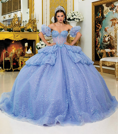 Quinceañera | Blue Lilac Off-Shoulder Ball Gown with Puffy Sleeves, Glitter Corset Bodice, and Layered Skirt  | Emperatriz dress front