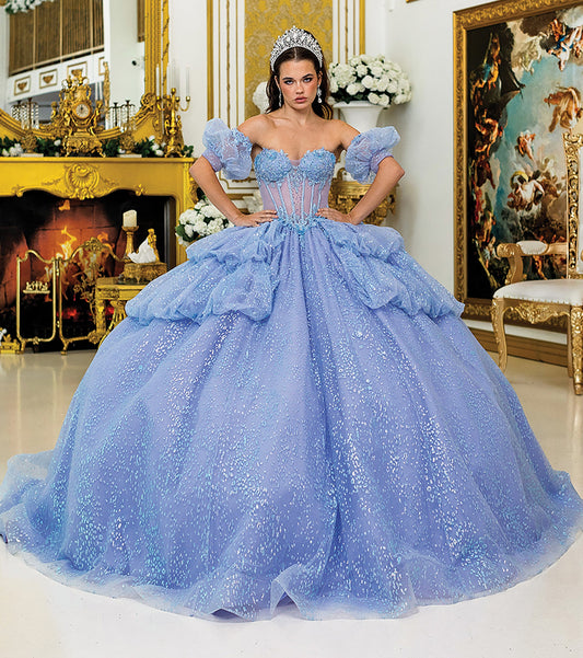 Quinceañera | Blue Lilac Off-Shoulder Ball Gown with Puffy Sleeves, Glitter Corset Bodice, and Layered Skirt  | Emperatriz dress front