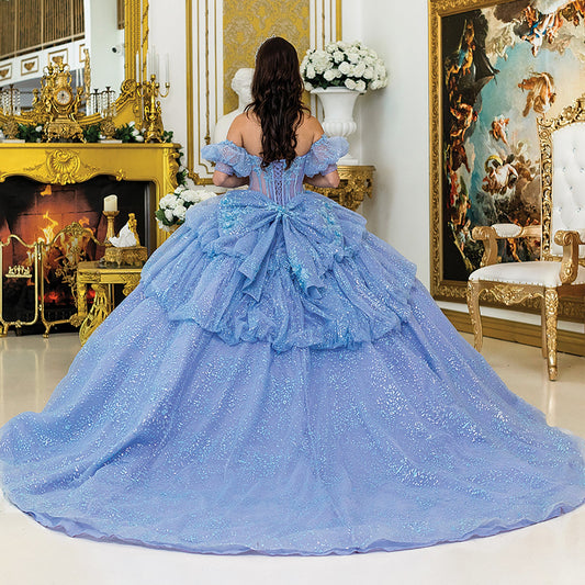 Quinceañera | Blue Lilac Off-Shoulder Ball Gown with Puffy Sleeves, Glitter Corset Bodice, and Layered Skirt  | Emperatriz dress back