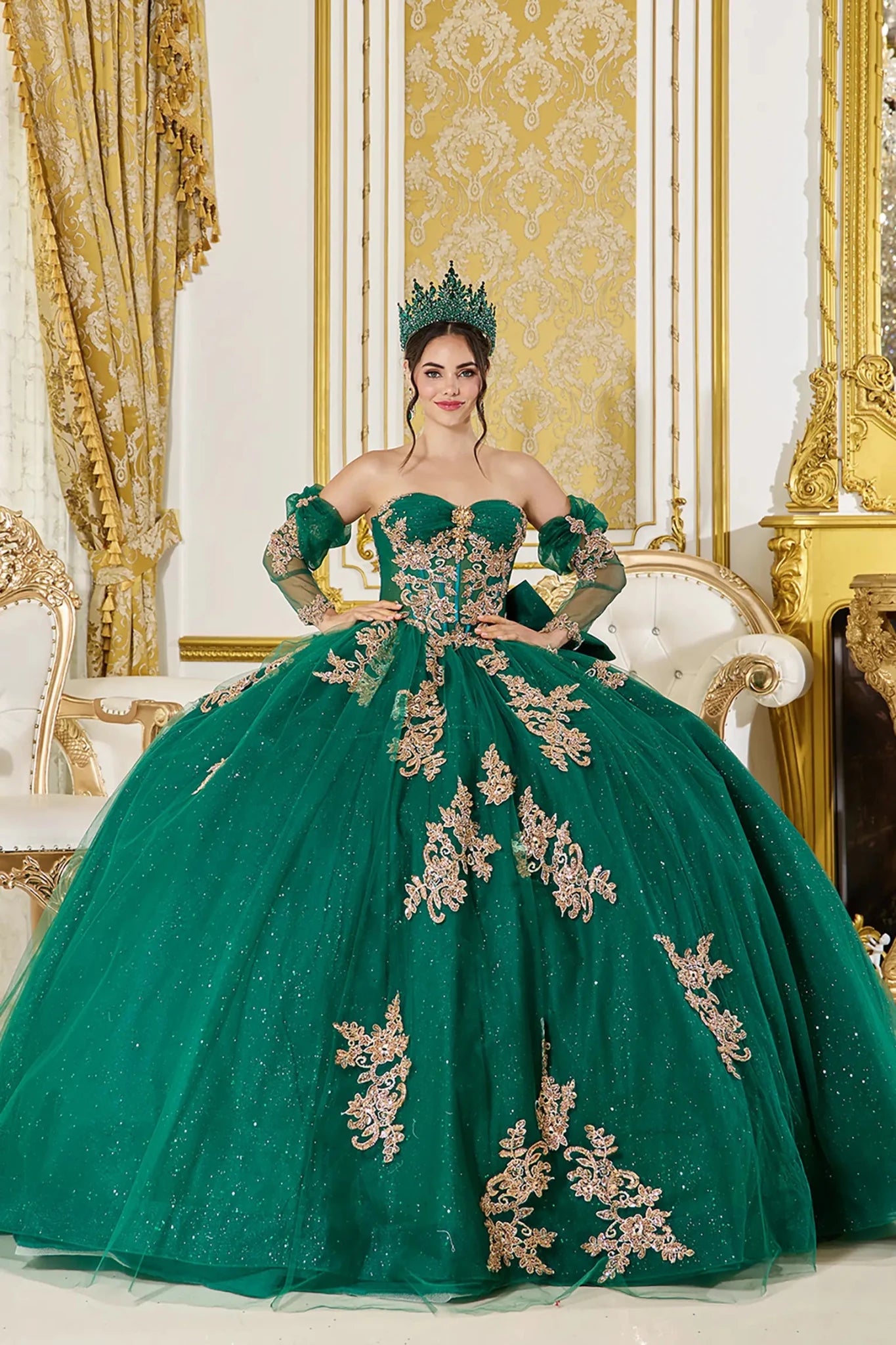 Green Quinceañera Dress with Detachable Off-Shoulder Sleeves 2XL / Green