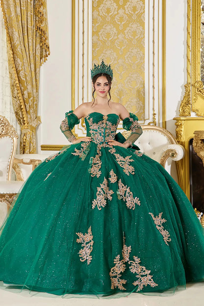 Front view of hunter green quinceañera ball gown with off-the-shoulder sweetheart bodice, gold lace appliques, sheer corset detail, and full glitter tulle skirt