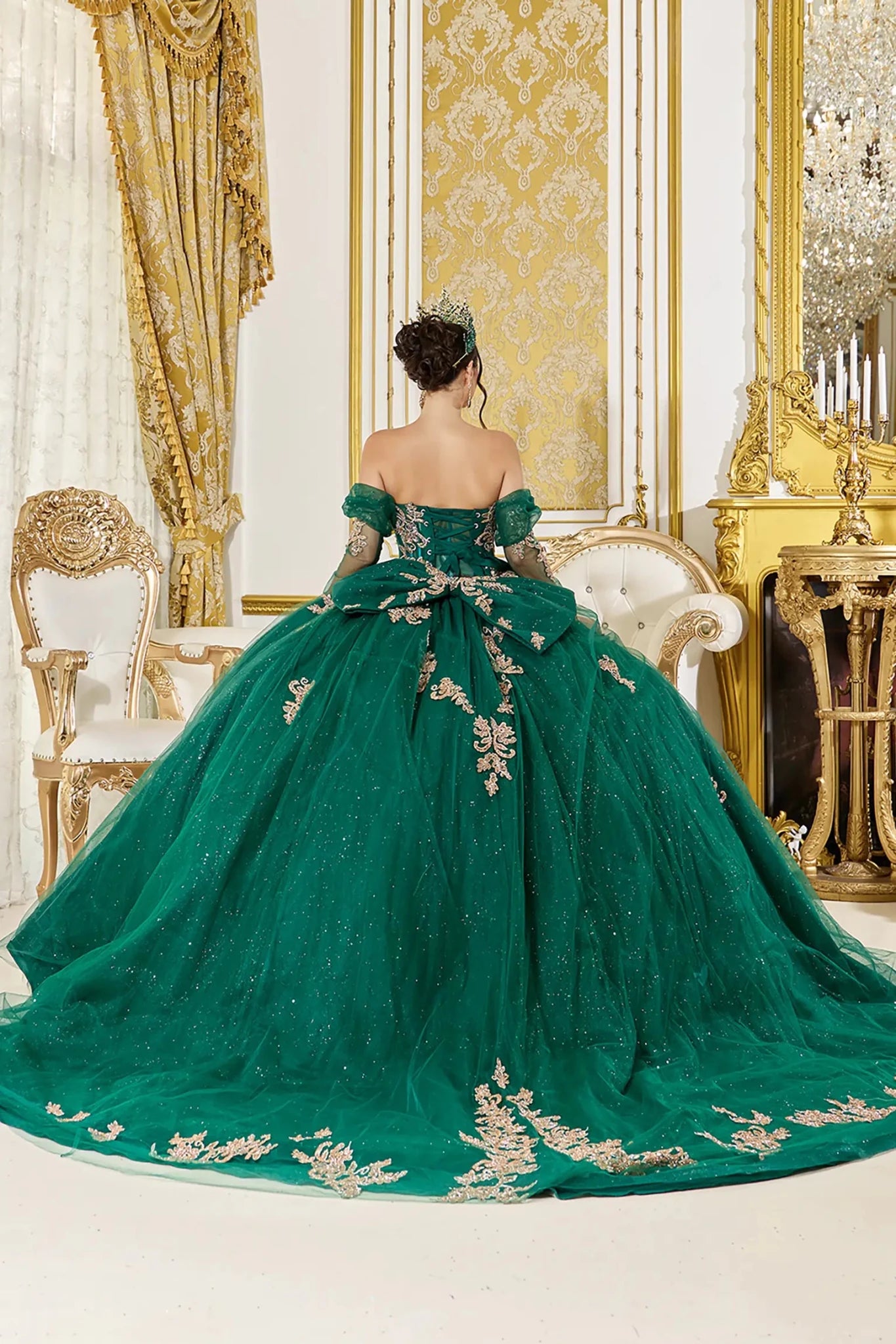 Green Quinceañera Dress with Detachable Off-Shoulder Sleeves 2XL / Green
