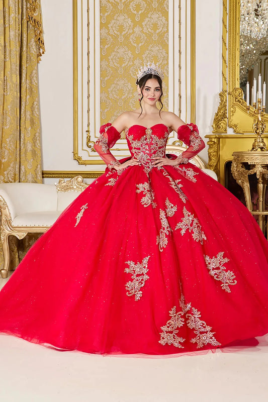 Front view of red quinceañera ball gown with off-the-shoulder sweetheart bodice, gold lace appliques, sheer corset detail, and full glitter tulle skirt