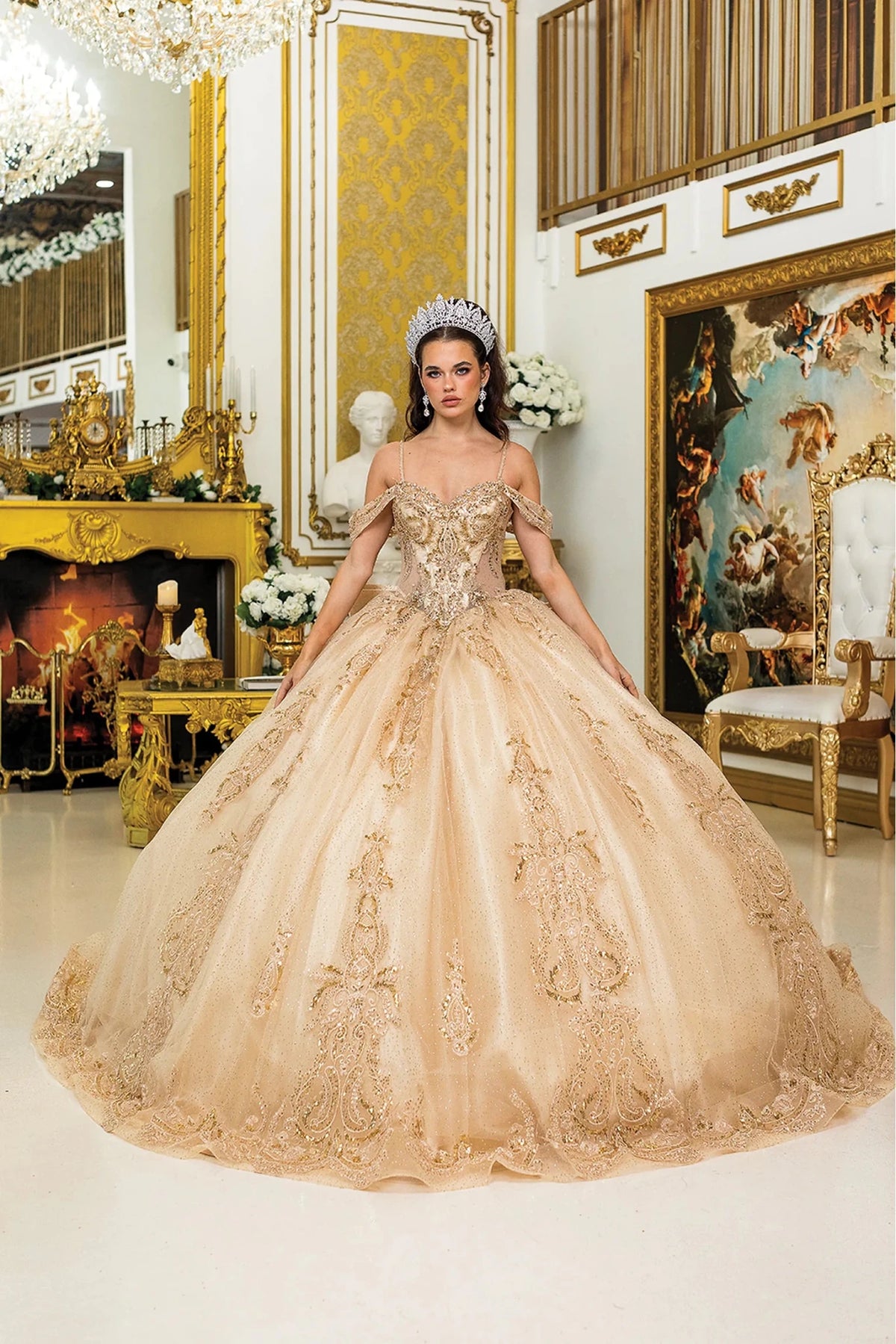 Featuring a floor-length skirt, this Gold quinceañera ball gown is shown in full view.