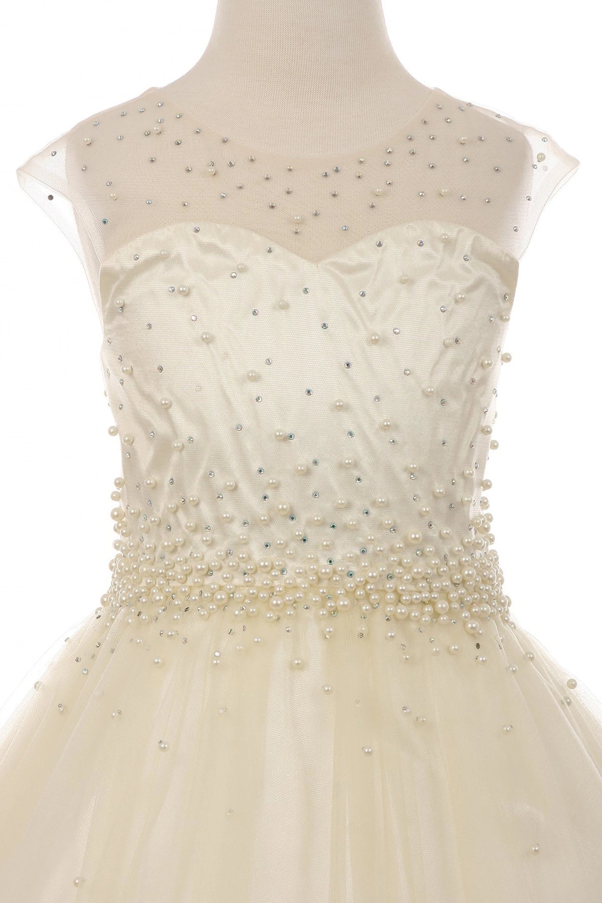 Showcasing with pearl accents on the bodice, this Ivory kids party dress displays elegant detail.