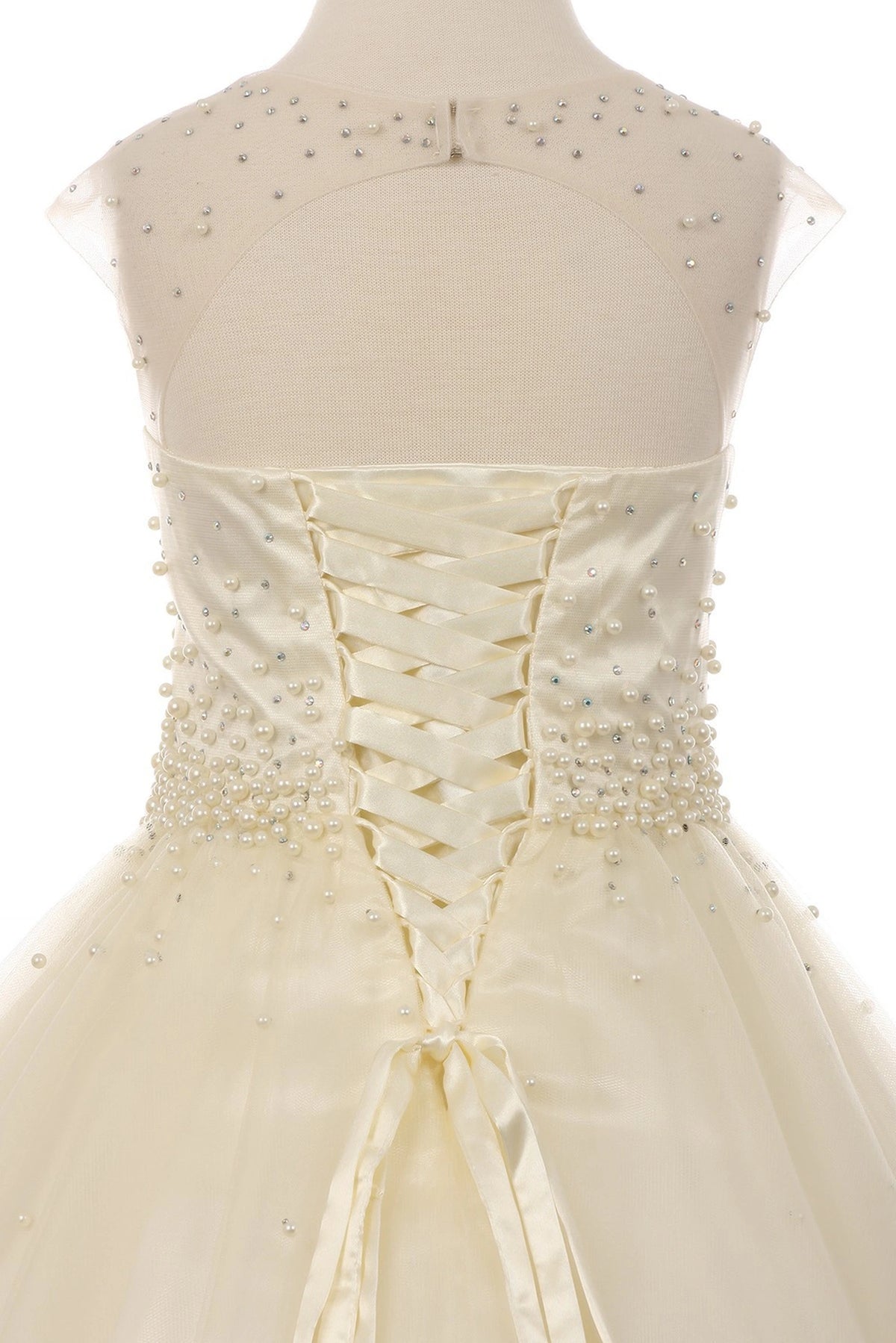 Finished details of crisscross back lacing distinguish the Ivory kids party dress.