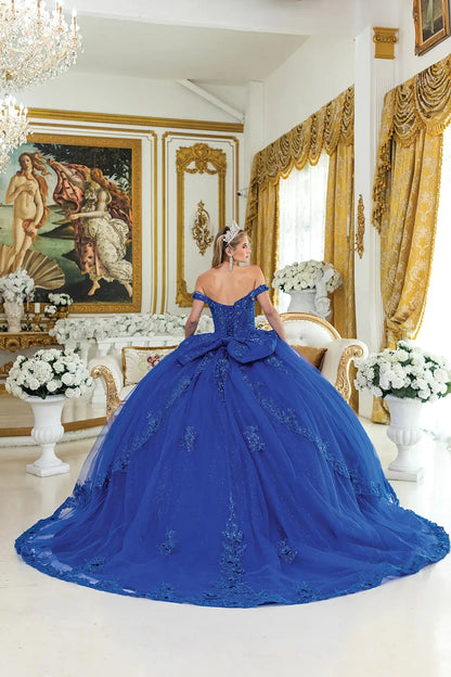 Woman standing back-facing in royal blue quinceañera ball gown with sheer capelet, lace-up corset bodice, lace appliqué detailing, beaded embellishments, and flowing glitter tulle skirt with train