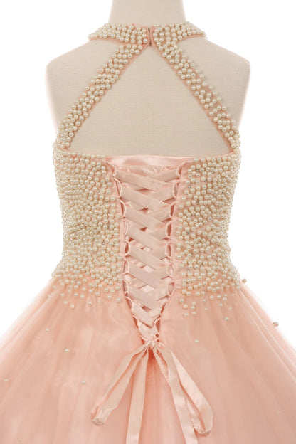 Featured on this Blush mini quince dress: a pearl-edged keyhole back and satin lacing.